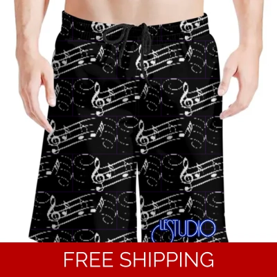 Le Studio White Music Notes Black Beach Shorts